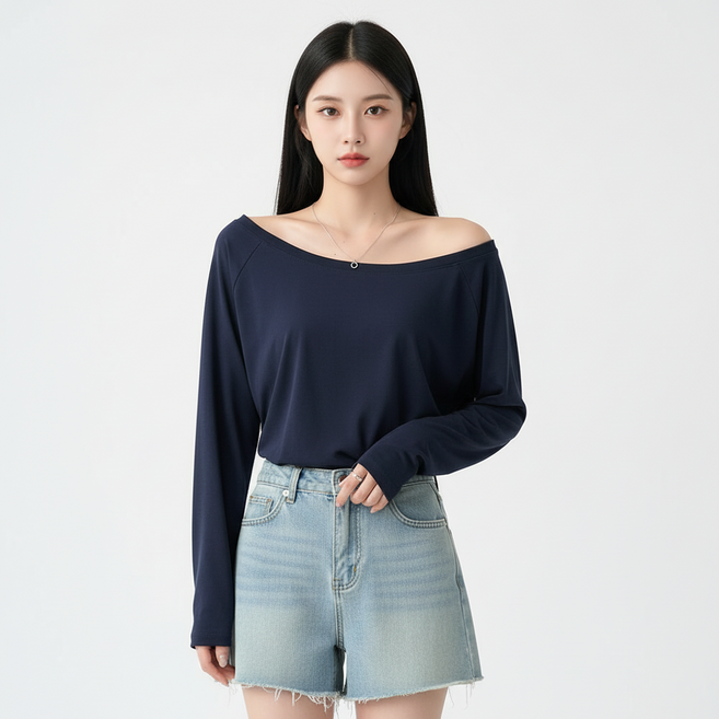 마켓피아 여성용 오프숄더 롱슬리브 티셔츠