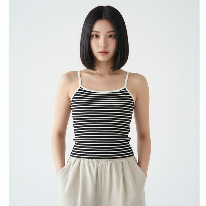 마켓피아 여성용 슬림핏 골지 스트라이프 배색 나시