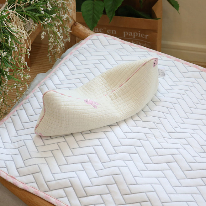 화모 유아용 프리미엄 거즈자수 일체형 좁쌀베개, 핑크토끼, 1개