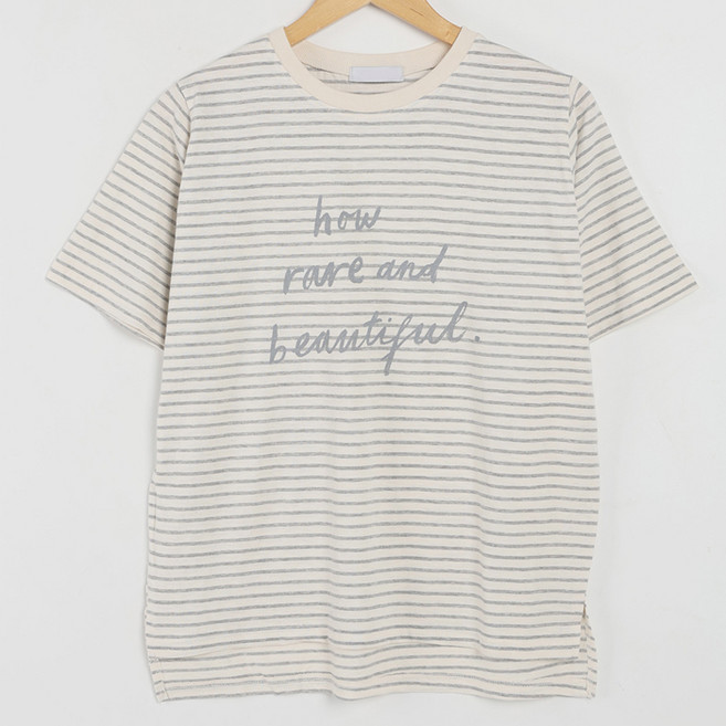 빼빼 여성용 통기성 라운드넥 언발기장 스트라이프 레터링 반팔 티셔츠