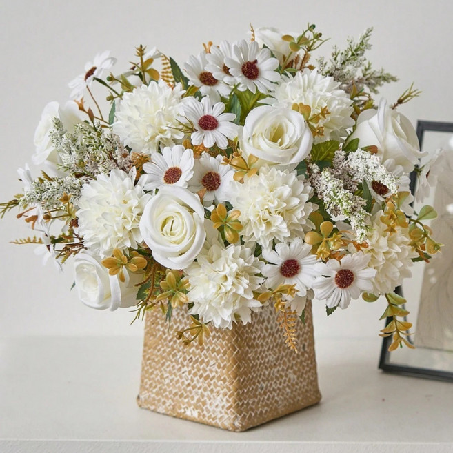 틴코 조화 유럽풍 인조 장미 꽃다발, 화이트, 1개