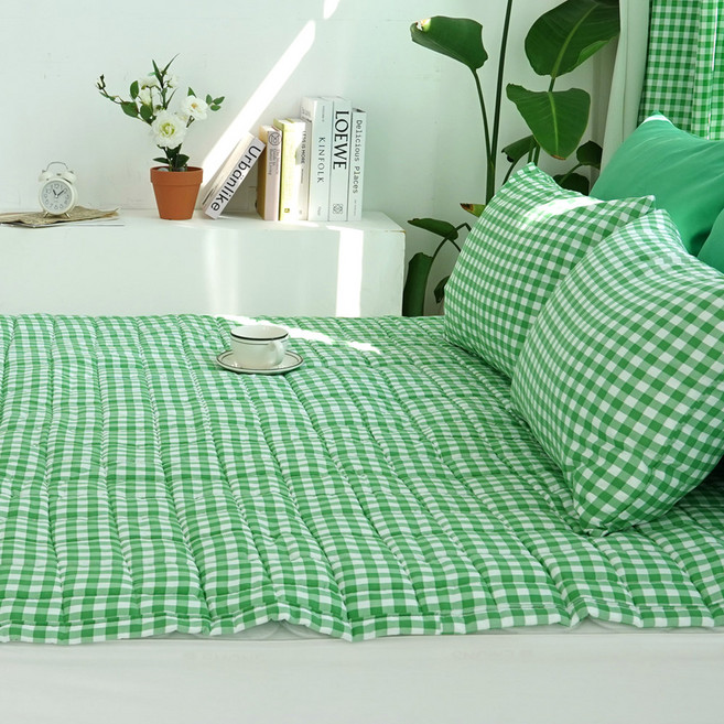 스코홈 국내 제조 단잠체크 사계절 양면 침대패드, 체크그린