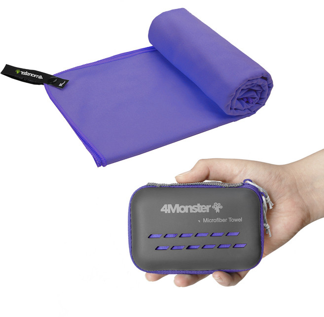 4몬스터 마이크로화이바 등산 수영 여행 스포츠 습식 건식 극세사 다용도 타월 50 x 100 cm M + EVA케이스, 퍼플, 1개