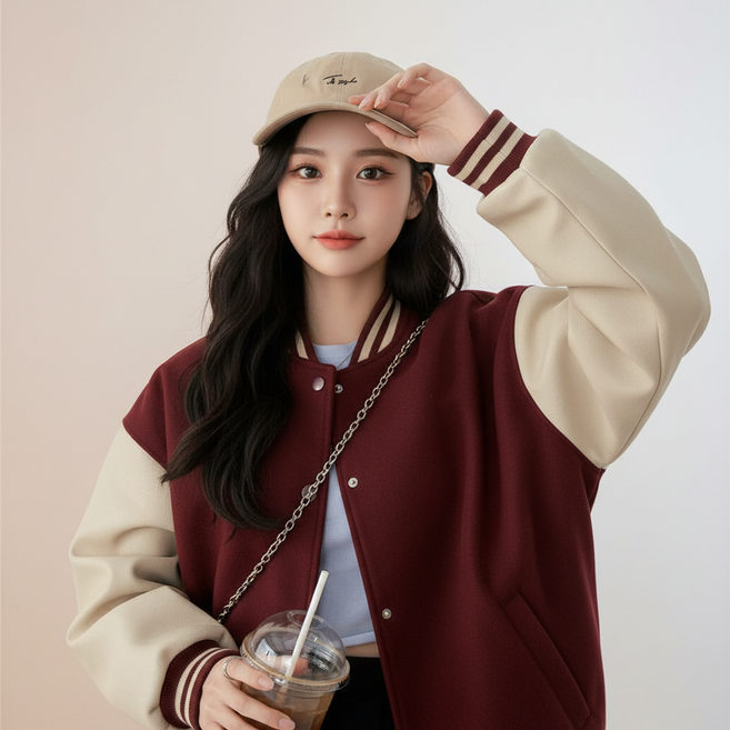 Marketpia 女款撞色線條寬鬆版棒球外套