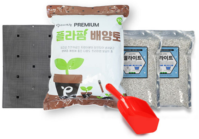 플라팜 배양토 10L + 펄라이트 2L x 2p + 깔망 + 모종삽 세트, 1개