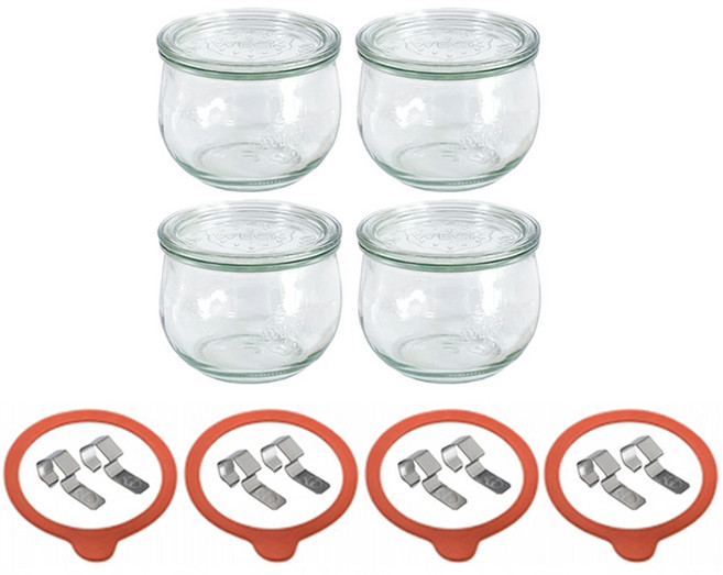 WECK 튤립형 유리몸체 4p + 유리뚜껑 4p + 고무링 4p + 클립 8p 세트 No.744, 580ml, 1세트