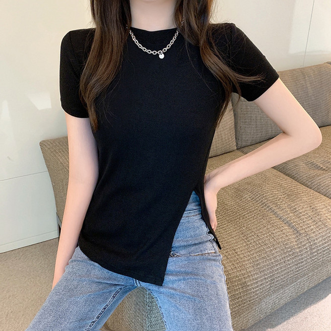 라라티나 여성용 미레보 사선 슬릿 언발 골지 반팔 티셔츠