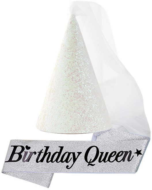 조이파티 글리터 베일 파티고깔모자 + 생일어깨띠 Birthday Queen 세트, 펄화이트(모자), 실버(어깨띠), 1세트