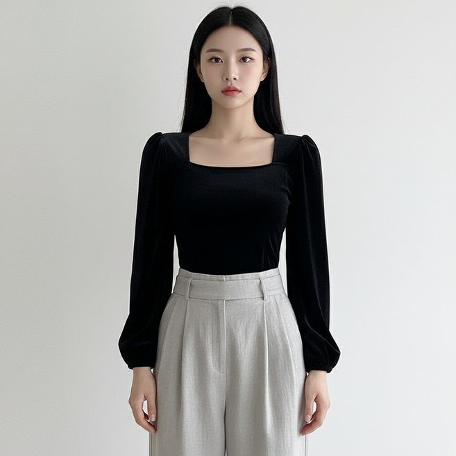 마켓피아 여성용 벨벳 스퀘어넥 긴팔 티셔츠