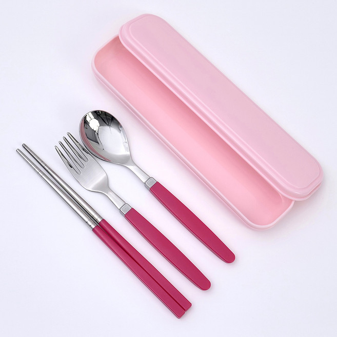 라온누리 아동 파스텔 케이스 휴대용 도시락 수저세트, 분홍(케이스), 핫핑크(숟가락, 젓가락, 포크), 케이스 + 숟가락 + 젓가락 + 포크, 1개