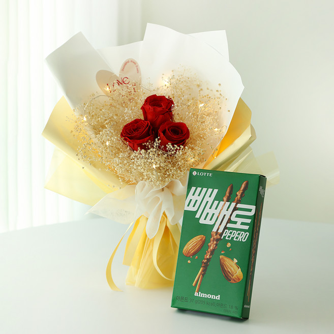 뷰티풀데코센스 빼빼로즈 생화 프리저브드 안개 장미 꽃다발 + 빼빼로 + 케이스 + LED전구 세트, 레드