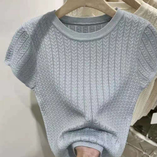 모이르벨라 여성용 자카드 라운드넥 반팔 니트 O263-0183