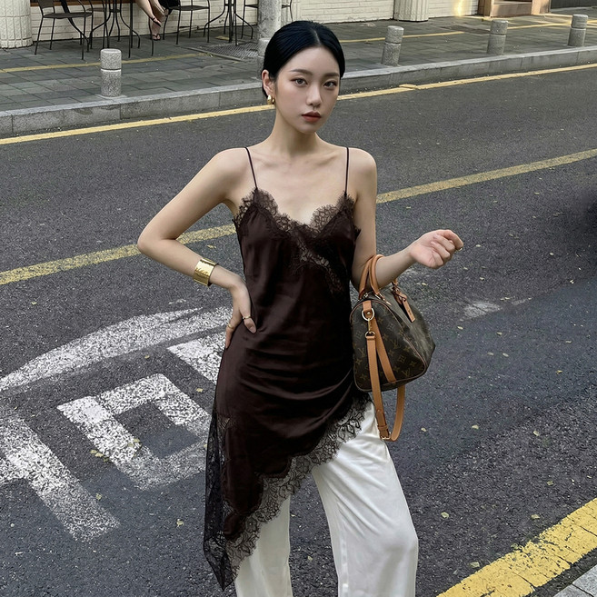마켓에이 여성용 끈 레이스 언발 레이어드 원피스 M263-0531