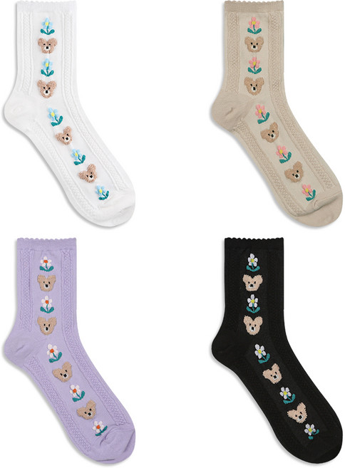 GGRN 여성용 캐주얼 7종 패턴 디자인 패션 양말 컬렉션 4켤레 세트