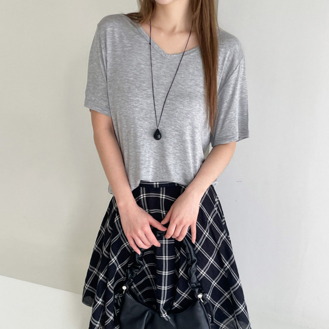 라라온 여성용 기본 브이넥 반팔 스판 티셔츠 26TSP3829