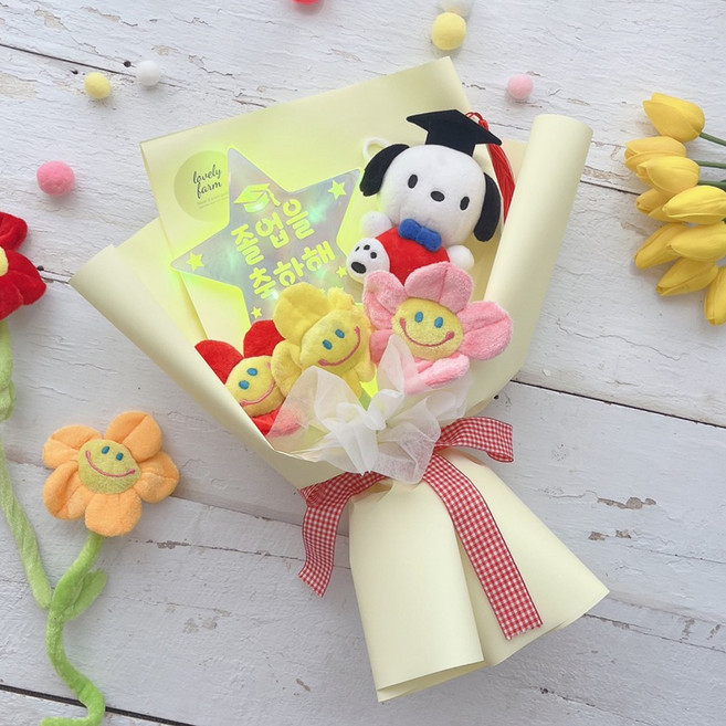 러블리팜 조화 귀여운 산리오 캐릭터와 빛나는 led 별빛 꽃다발, 1개, 졸업 LED 포차코