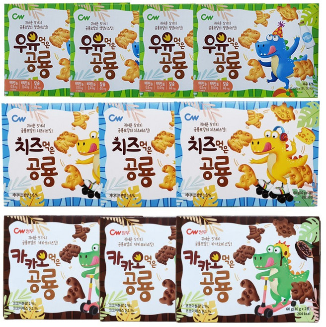 청우식품 우유 먹은 공룡 쿠키 60g x 4p + 치즈 먹은 공룡 쿠키 60g x 3p + 카카오 먹은 공룡 쿠키 60g x 3p, 1세트, 600g