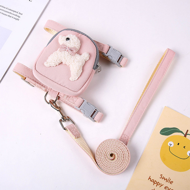 반려동물 웨이비데이즈 더치 퍼피 백팩 + 하네스 + 목줄 세트, 핑크, 1세트