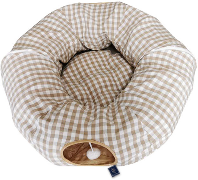 딩동펫 고양이 톤톤 체크 숨숨집 터널놀이터, 베이지, 1개