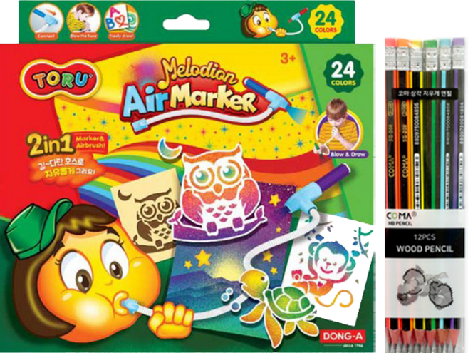 동아 토루 멜로디언 에어마카 + 투코비 코마 삼각 지우개 연필 SG-208 12p 세트, 24색(크레용), 랜덤발송(연필), 1세트