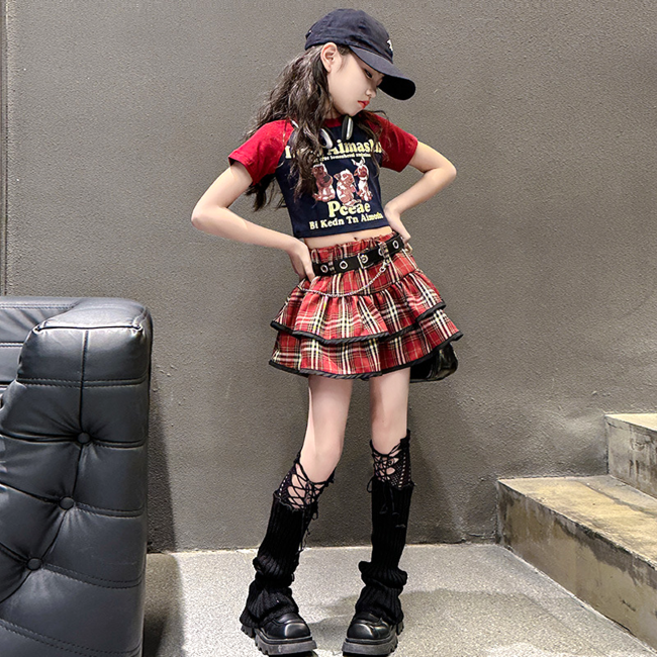 미소파파 여아용 브라보 크롭 티셔츠 + 체크 치마 세트
