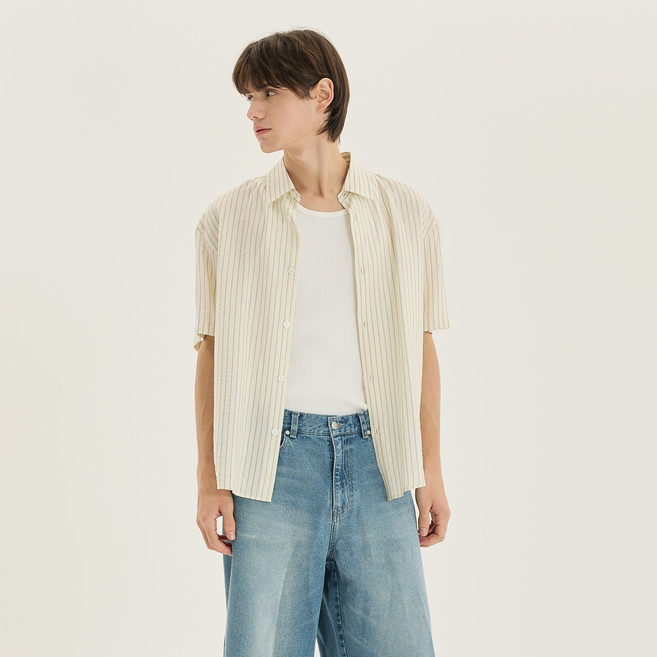 마인드브릿지 남녀공용 스트라이프 오버핏 반팔 셔츠 M1WS31A1