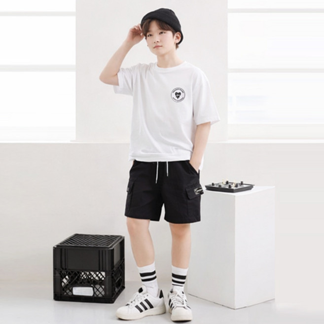 나나주니 아동용 라운드넥 체커보드 유니크 5부 바지 + 반팔 티셔츠 세트