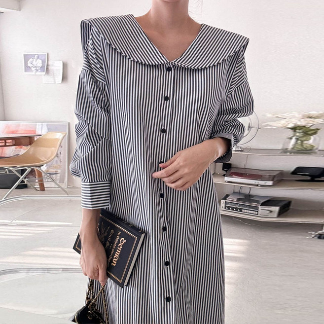 보리맘 빅사이즈 와이드 카라 세일러 셔츠 롱 임산부 원피스 R620