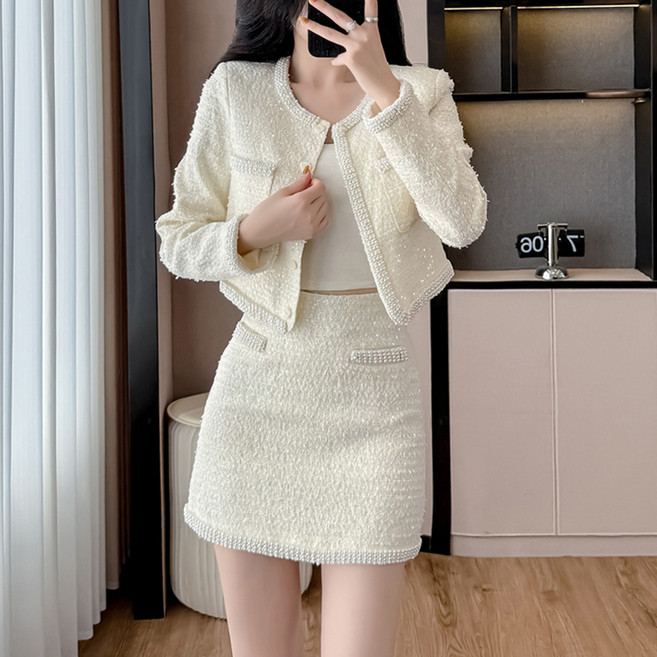 비비에모 펠리 트위드 진주 비즈 자켓 스커트 세트 12041