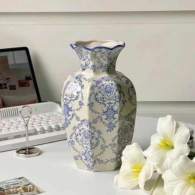 LANO 浪漫玫瑰圖案陶瓷室內裝飾花瓶, 藍色