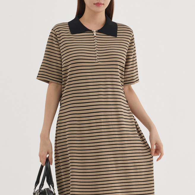 엘쏘 반집업 루즈핏 스트라이프 카라 롱 반팔 니트 원피스