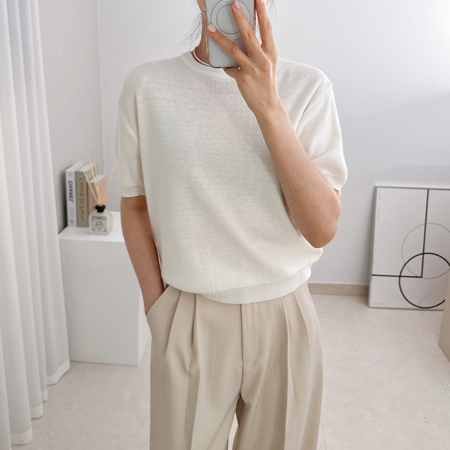 라미르 여성용 심플 컬러 라운드 반팔 니트