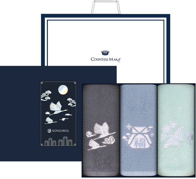 송월타올 달빛 전통 자개 자수 기념품 호텔수건 130g 30수 면사 3종 선물 세트 + 쇼핑백, 그레이, 스카이 블루, 라이트 그린, 1세트