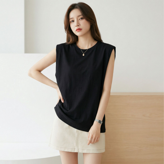 구디프 여성용 여름 민소매 루즈핏 라운드넥 티셔츠