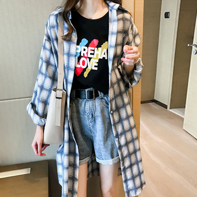 soleil The Syrup 女款寬鬆中長版格紋長版襯衫