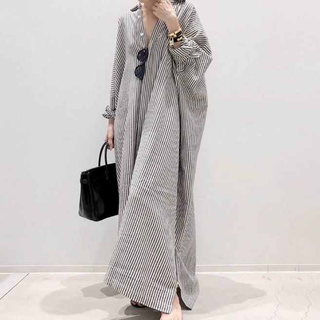 Queenis 女款翻領條紋排釦長版襯衫洋裝, 黑色條紋