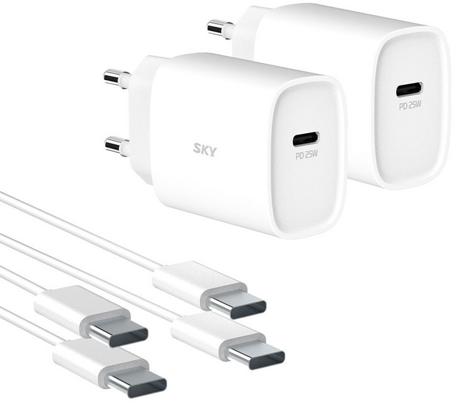 SKY Feel Q1X 25W PD 超高速充電器轉接頭 + Type-C 高速充電線組, 白色, 2套