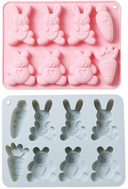 이홈베이킹 당근과토끼 8구 주먹밥틀 실리콘 몰드 2종 세트, 블루, 핑크, 1세트