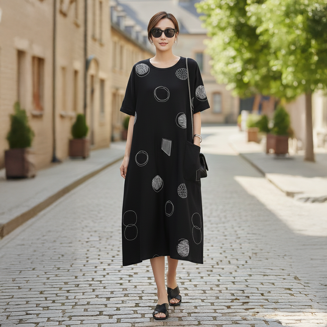 ATTERLIC 幾何圖案圓領寬鬆長版連身裙 11339, 黑色