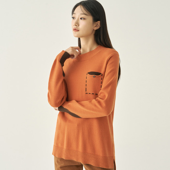 지센 여성용 가슴포켓 반넥 풀오버 니트 티셔츠 LCKTNB21