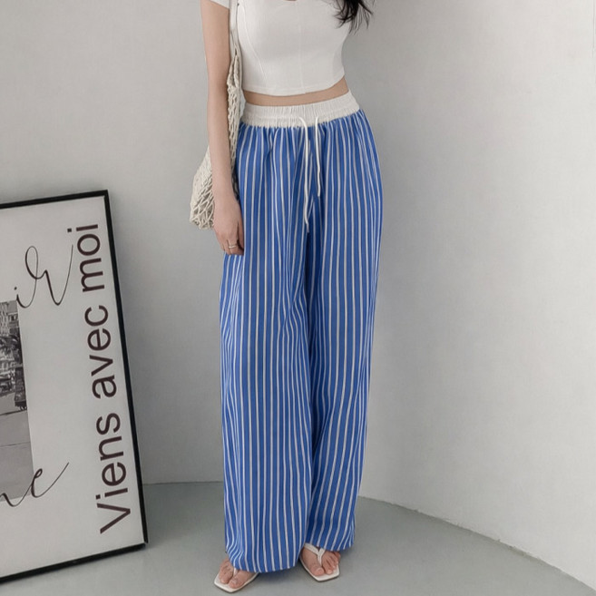 라라온 여성용 스트라이프 배색 밴딩 롱 와이드 팬츠 26TSP3874
