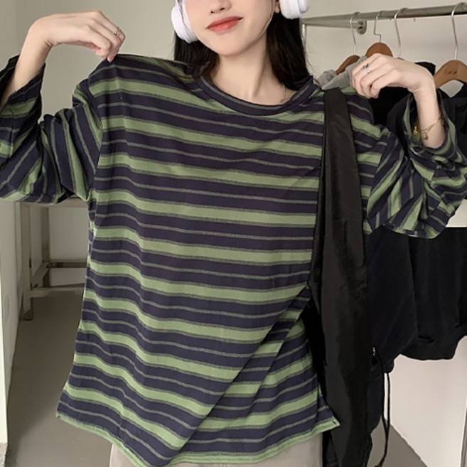 파라다이소 여성용 편안한 꾸안꾸 캐주얼 밀크 스트라이프 티셔츠