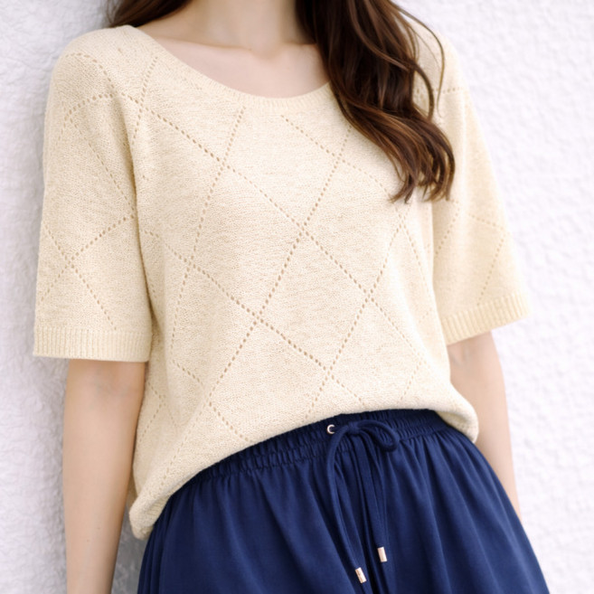 라라온 여성용 펀칭 라운드넥 가오리 반팔 니트 티셔츠 26TSP3943