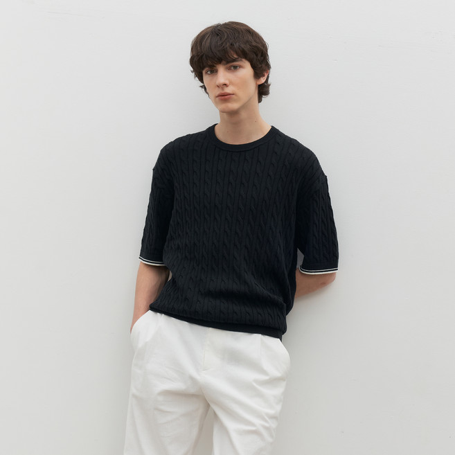 마인드브릿지 남성용 팁배색 케이블 세미오버핏 반팔니트 MZKT3101