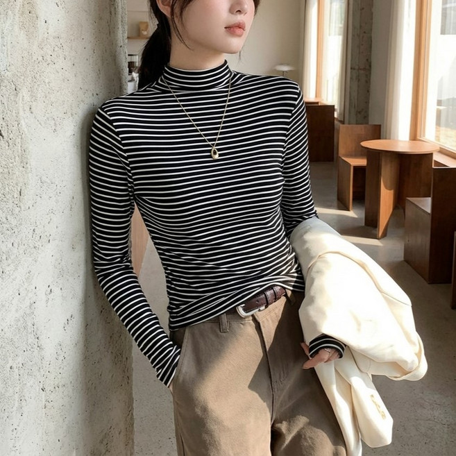 언헤브 여성용 스트라이프 하이넥 티셔츠