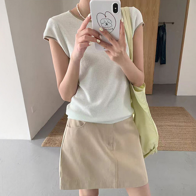 메이첼 여성용 데일리 라인 배색 백 레터링 반팔 티셔츠 10454