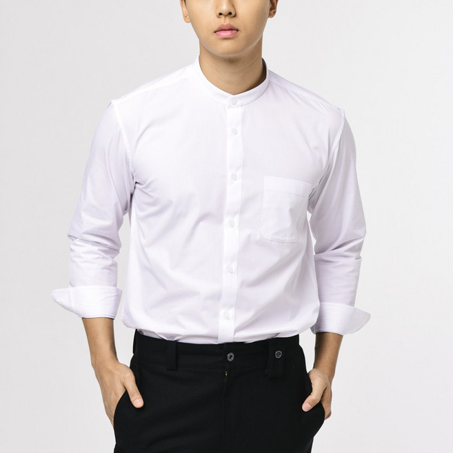 男款立領純色長袖襯衫