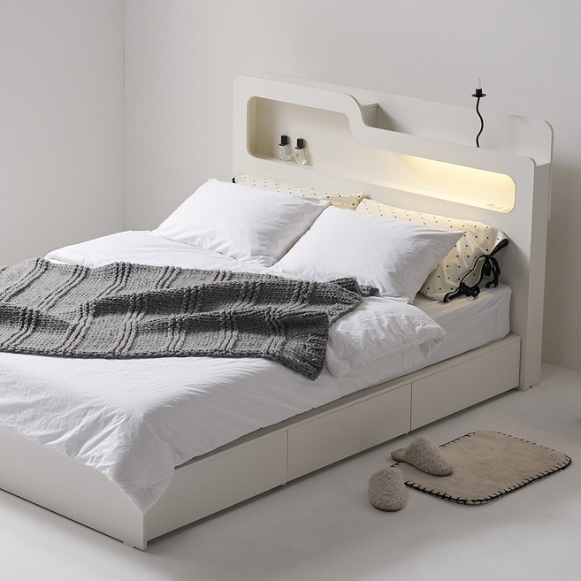 도모 폴더 LED 3단 수납형 침대 프레임 단품 방문설치, 화이트