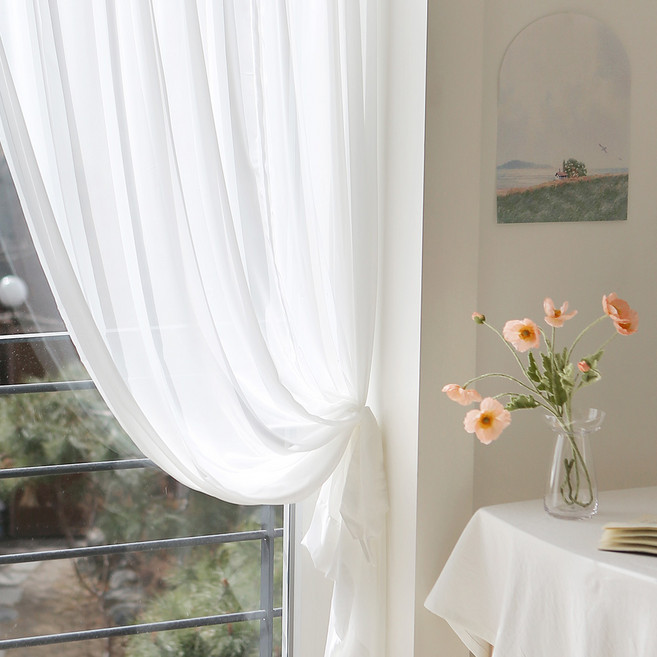 쁘리엘르 살랑살랑 차광 쉬폰 나비주름 커튼 핀형+ 커튼끈 세트