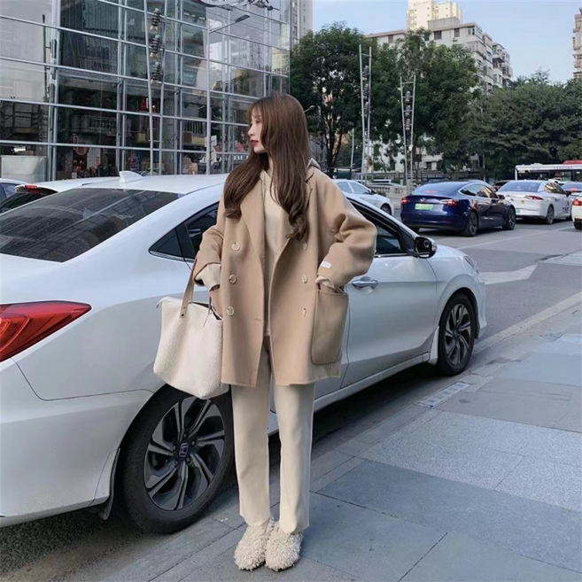 PEONIST 女款雙排扣毛呢半長版大衣